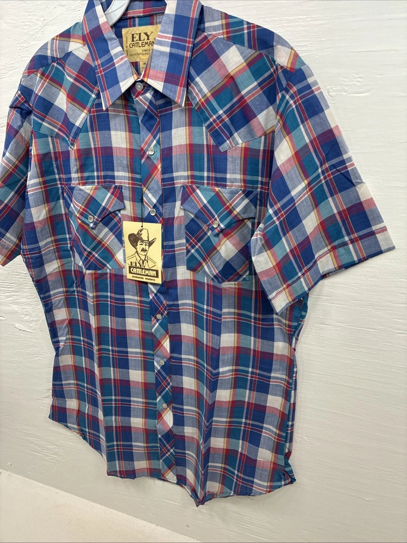 New Men’s ELY Cattleman Blue Plaid Short Sleeve Pearl Snap Medium AA-116 