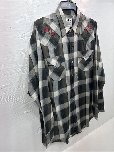 New Men’s ELY Cattleman Green Rose Plaid Long Sleeve Pearl Snap Large X-72