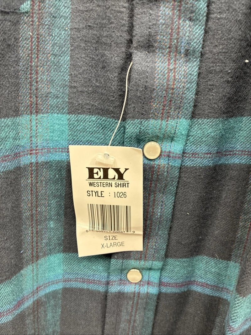 New Men’s ELY Cattleman Blue Plaid Long Sleeve Pearl Snap XL H-74