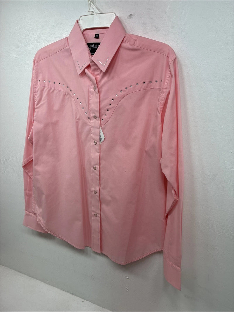 New Women’s White Horse Pink Gem Long Sleeve Pearl Snap Medium II-76