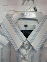 New Womens White Horse White Blue Stripe Long Sleeve Pearl Snap Large V-69