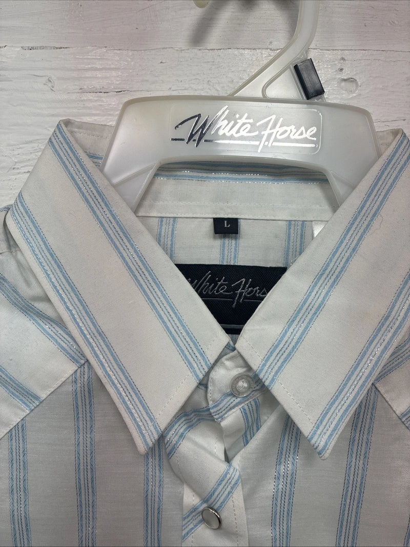 New Womens White Horse White Blue Stripe Long Sleeve Pearl Snap Large V-69