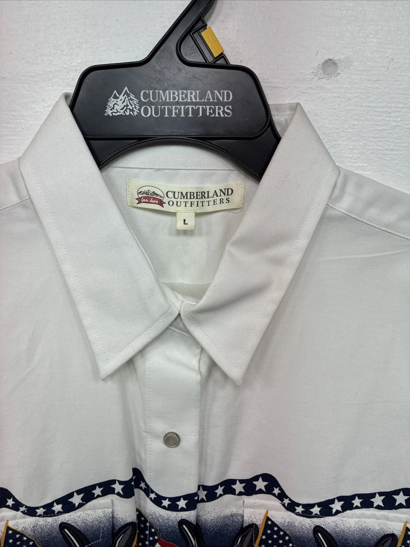 New Women’s Cumberland White Flag Design Short Sleeve Pearl Snap Large II-67