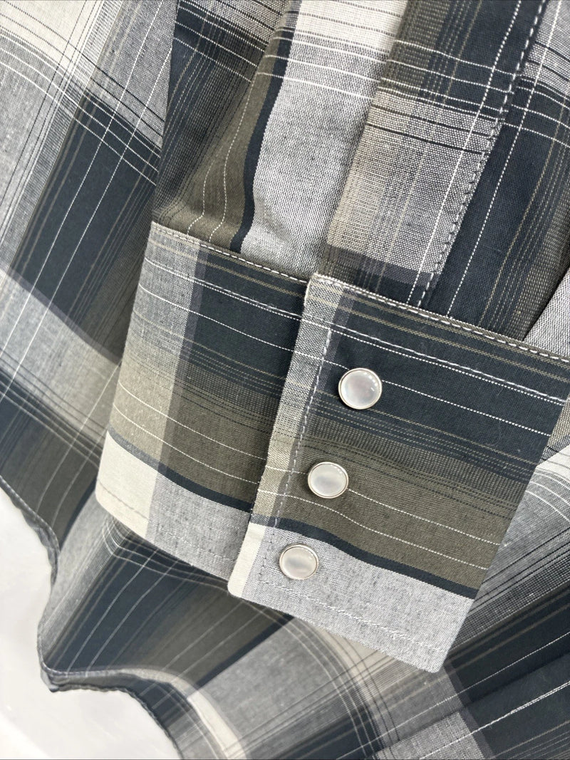 New Men’s ELY Cattleman Green Gray Plaid Long Sleeve Pearl Snap Large X-27