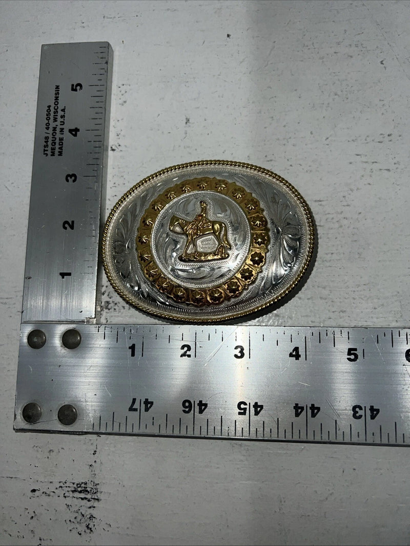 New Women’s Gold Silver Horse Rider Oval Belt Buckle. Flower Boarder F-15