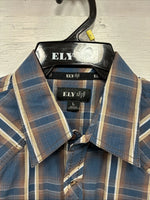 New Men’s ELY 1878 Blue Brown Plaid Long Sleeve Pearl Snap Large Q-32