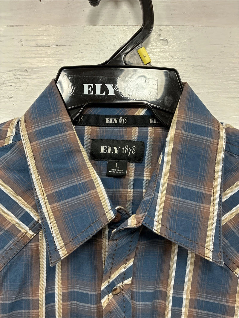 New Men’s ELY 1878 Blue Brown Plaid Long Sleeve Pearl Snap Large Q-32