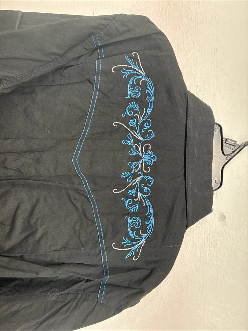 New Women’s Cumberland Black Blue Design Long Sleeve Pearl Snap 2XL GG-35