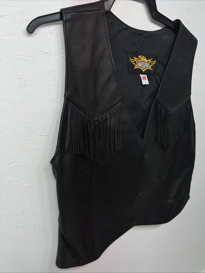 New Women’s Universal Rider Black Leather Fringe Biker Vest Large S-600