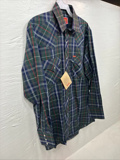 New Men’s ELY Plains Green Plaid Long Sleeve Pearl Snap 14.5 Small X-34