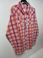 New Women’s Cumberland Pink Orange Plaid Long Sleeve Pearl Snap Large II-106
