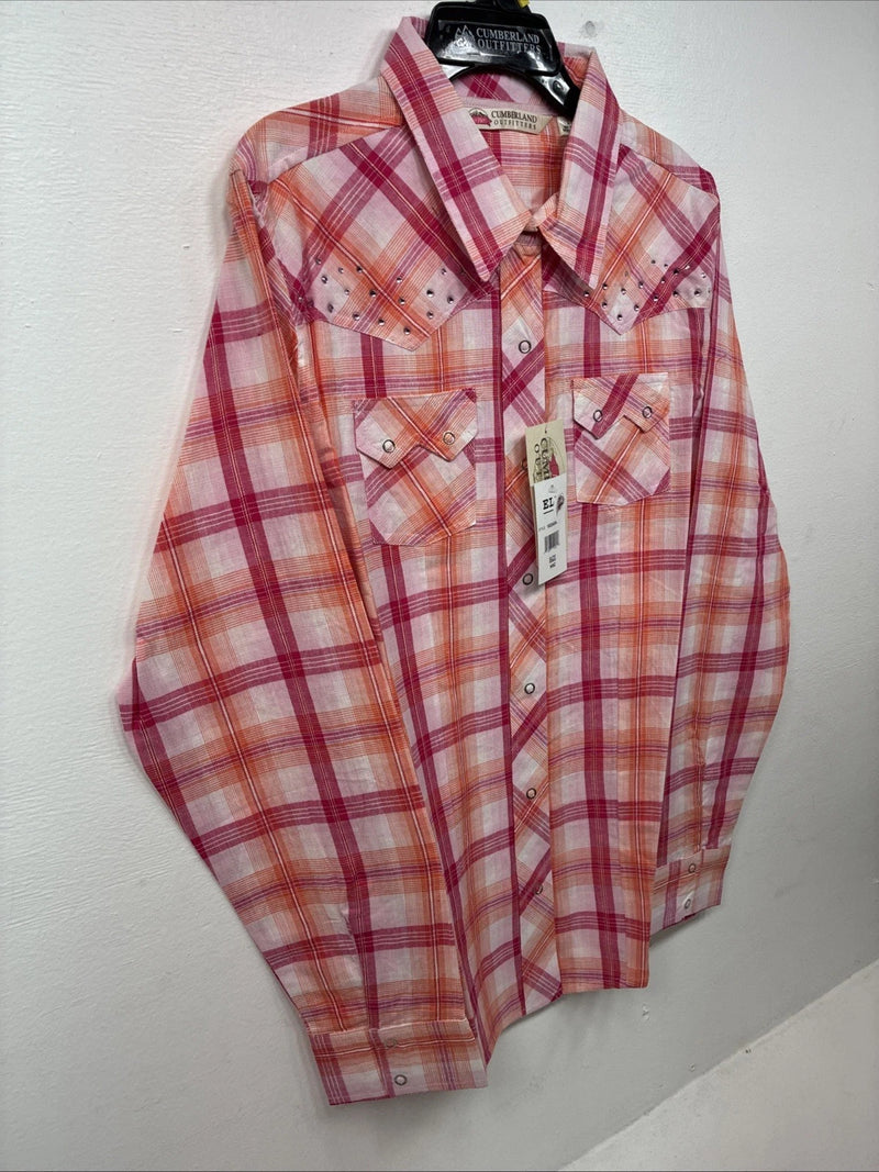New Women’s Cumberland Pink Orange Plaid Long Sleeve Pearl Snap Large II-106