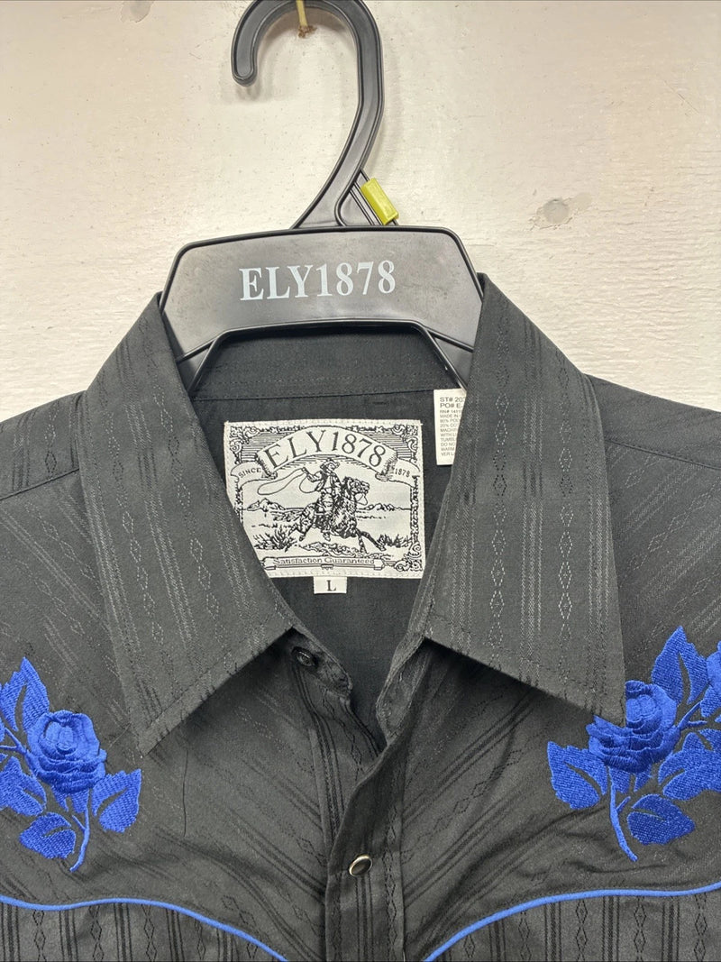 New Women’s ELY 1878 Black Blue Design Long Sleeve Pearl Snap Large LL-30