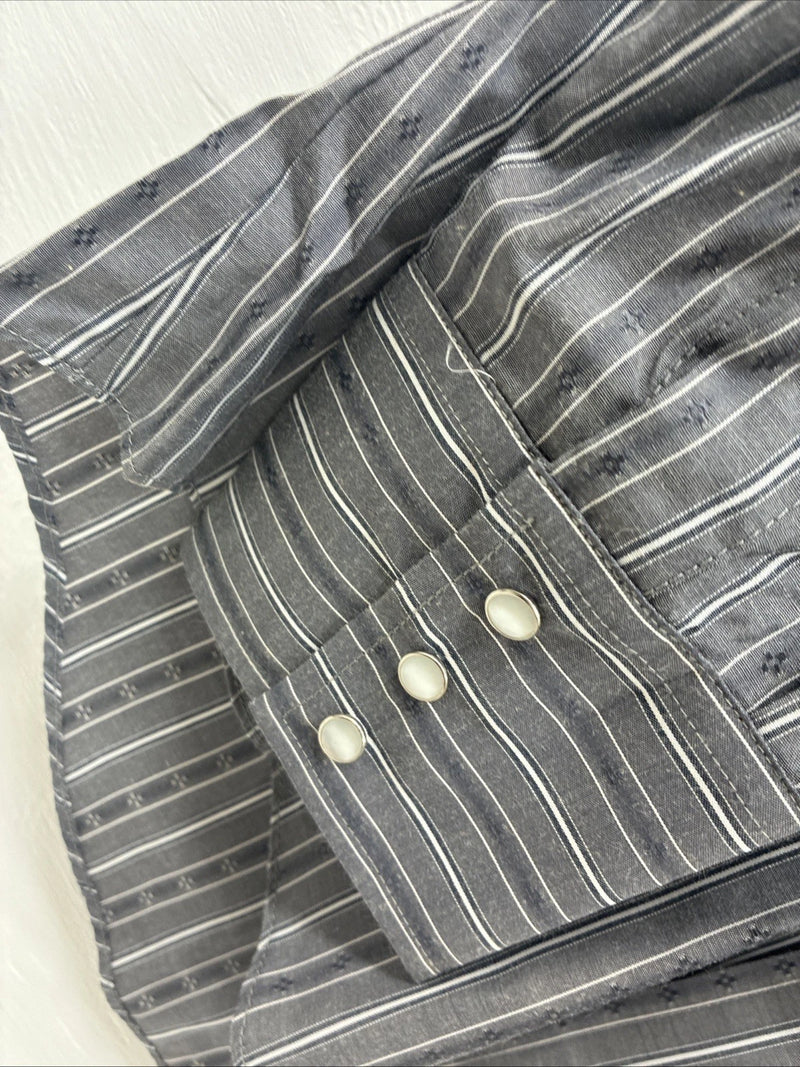 New Men’s ELY Cattleman Gray White Design Long Sleeve Pearl Snap 16 Large X-19