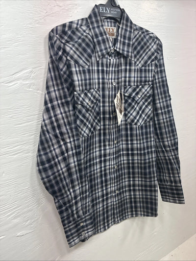 New Kids ELY Cattleman Black Plaid Long Sleeve Pearl Snap Size 14 DD-36