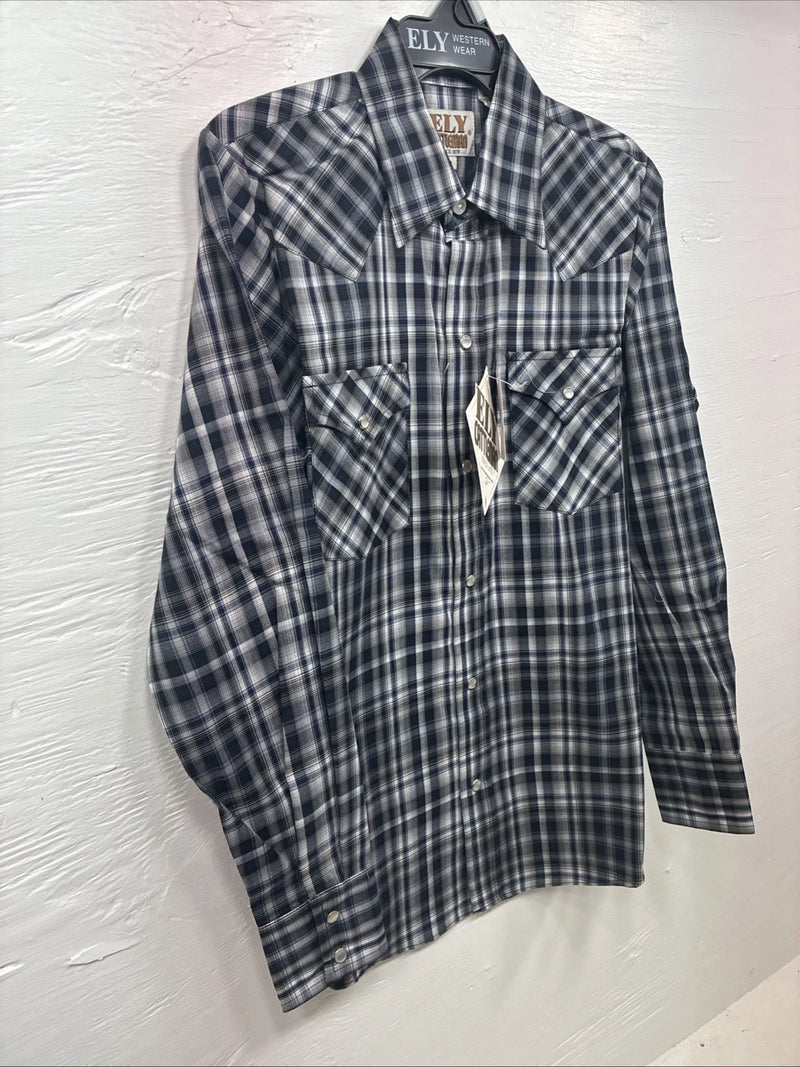 New Kids ELY Cattleman Black Plaid Long Sleeve Pearl Snap Size 14 DD-36
