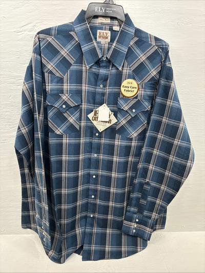 New Men’s ELY Cattleman Blue Flannel Long Sleeve Pearl Snap 2XLT F-60
