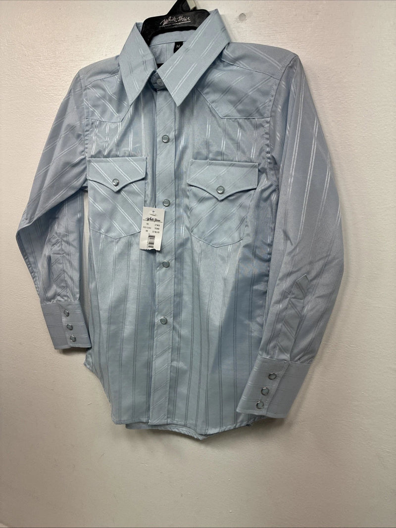 New Boys White Horse Blue Long Sleeve Pearl Snap Medium DD-120