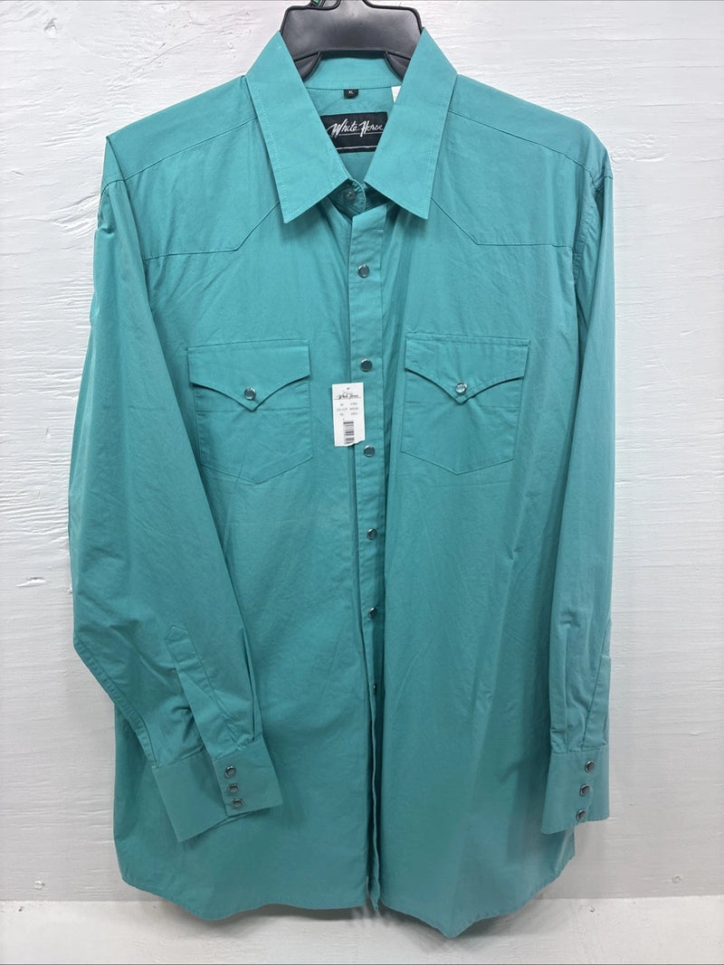 New Men’s White Horse Teal Long Sleeve Pearl Snap XL R-57