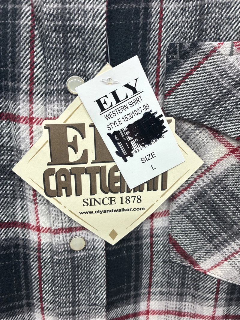 New Men’s ELY Cattleman Black Red Plaid Long Sleeve Pearl Snap Large V-71