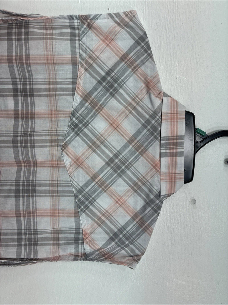 New Women’s Cumberland Pink Gray Plaid Short Sleeve Pearl Snap Large GG-77
