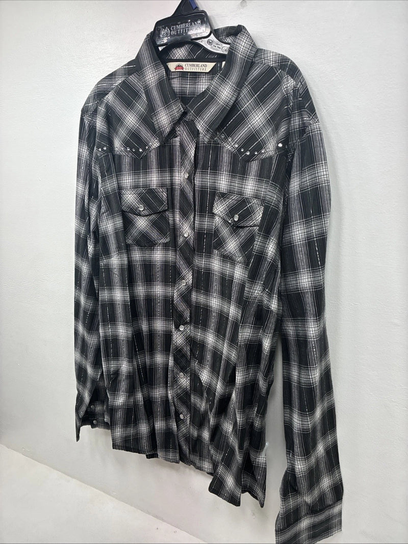 New Women’s Cumberland Black Plaid Long Sleeve Pearl Snap 2XL GG-12