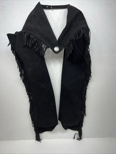NOS Black Show Chaps With Fringe Adjustable Waist 41” N-21