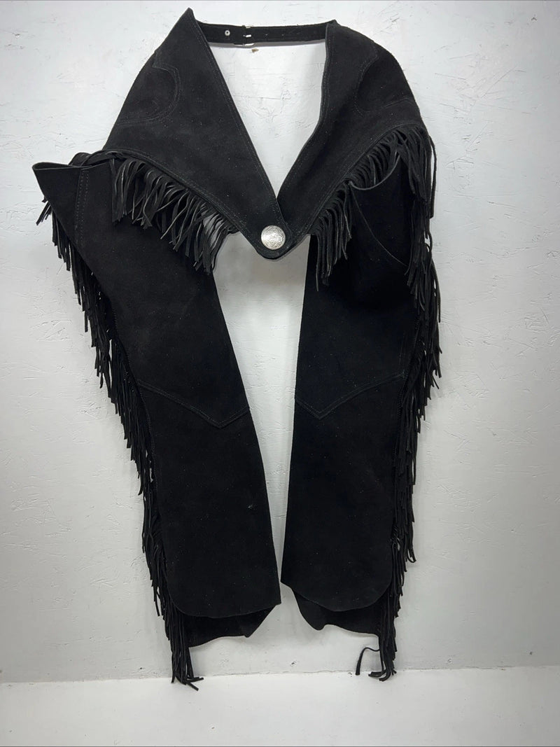 NOS Black Show Chaps With Fringe Adjustable Waist 41” N-21