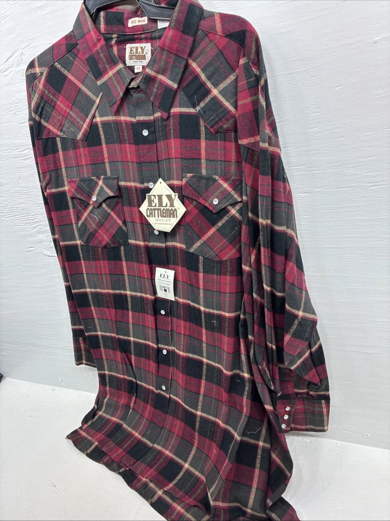 New Men’s ELY Cattleman Red Black Flannel Long Sleeve Pearl Snap 4XL E-82