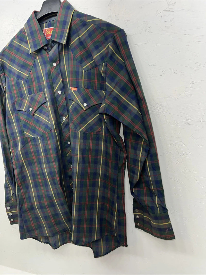 New Men’s Green Plaid Pearl Snap ELY plains Long Sleeve Shirt. 15.5x33 M I-49