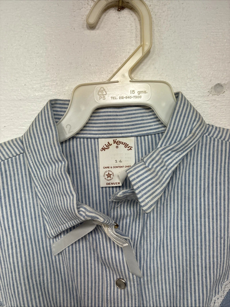 New Women’s Kid Kountry Blue Stripe Design Long Sleeve Pearl Snap Size 14 YY-10
