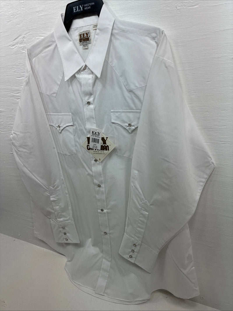 New Men’s ELY Cattleman White Long Sleeve Pearl Snap 18.5 X 35 2XL F-77