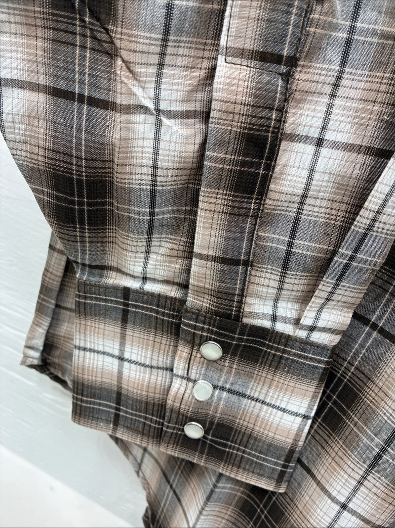 New Men’s ELY Cattleman Brown Plaid Long Sleeve Pearl Snap XL O-42