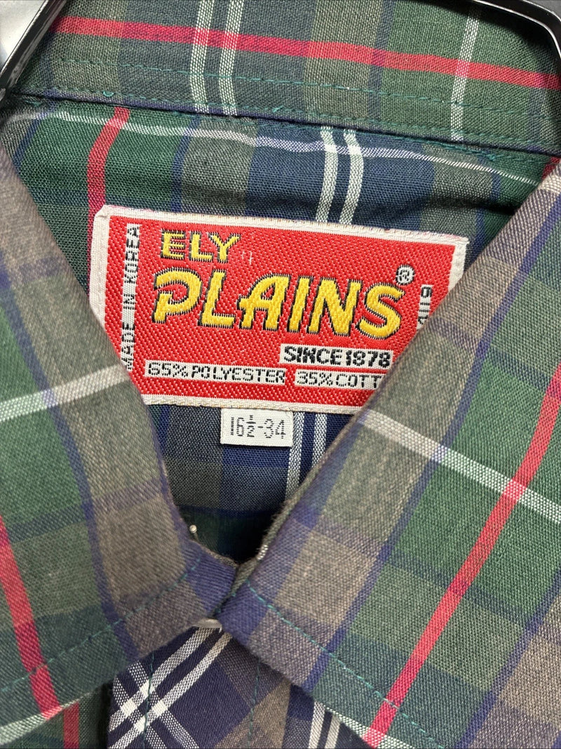 New Men’s ELY Plains Green Blue Plaid Long Sleeve Pearl Snap 16.5 Large  AA-12