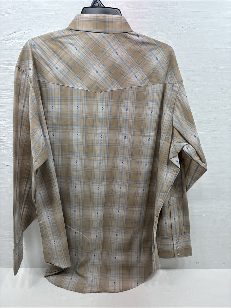New Men’s ELY Cattleman Beige Flannel Design Long Sleeve Pearl Snap 2XL F-91