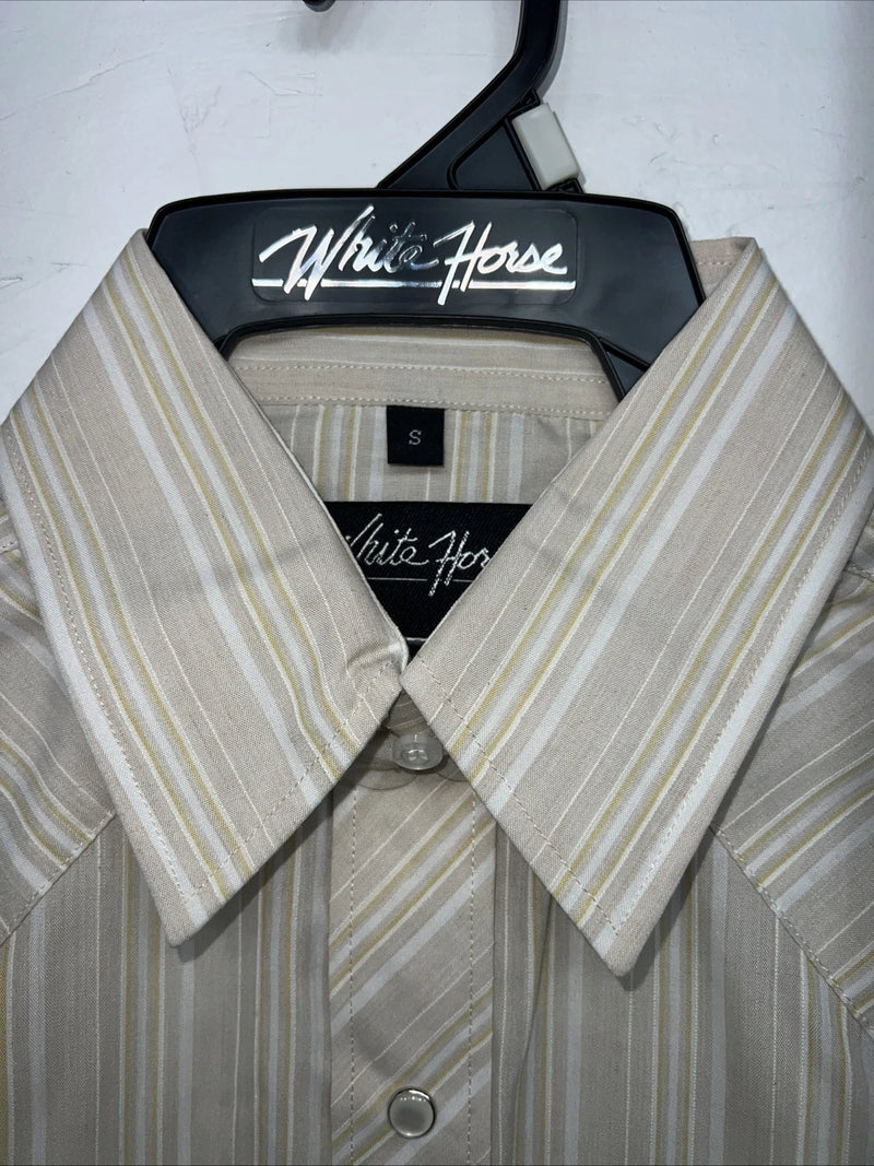 New Men’s White Horse Tan Striped Short Sleeve Pearl Snap Small B-40