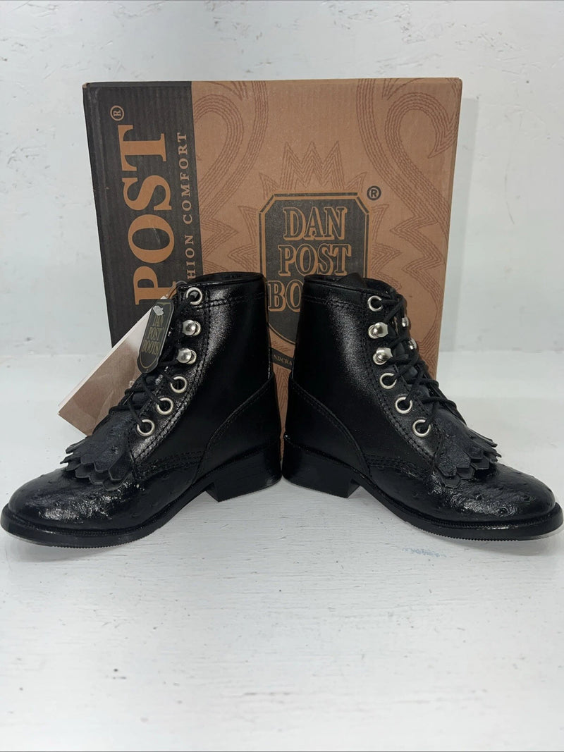 New Infants Black Ostrich Print Lace Up Dan Post Cowboy Boots. 5.5 5 1/2 D. 24-6