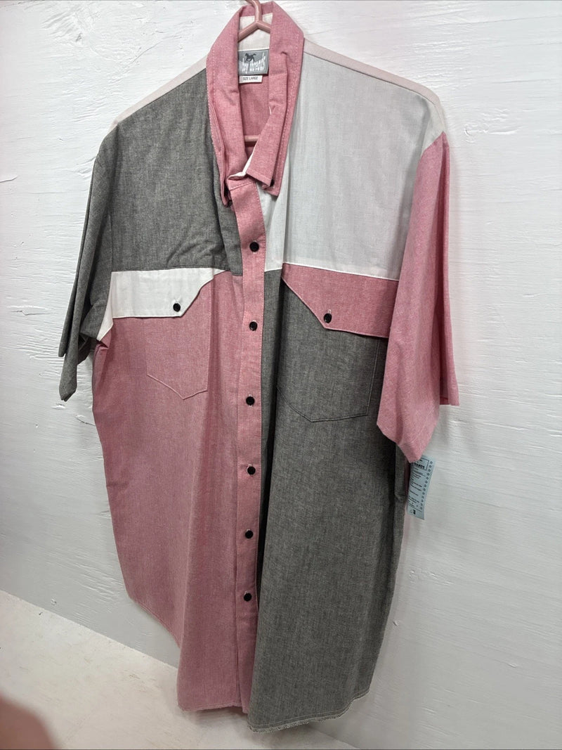 New Men’s Cowboy Threads Pink Gray Short Sleeve Button Up Large CC-39