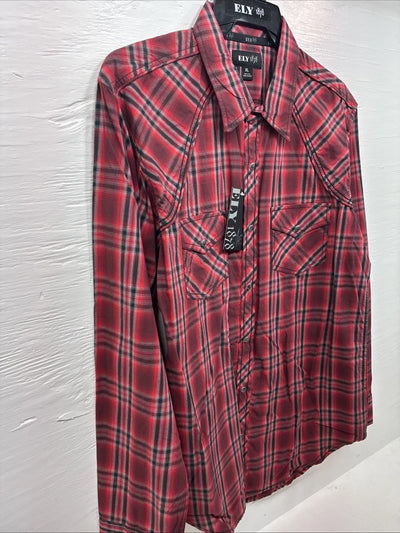 New Men’s ELY 1878 Red Plaid Long Sleeve Pearl Snap XL M-53