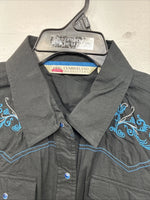 New Women’s Cumberland Black Blue Design Long Sleeve Pearl Snap 1XL LL-107