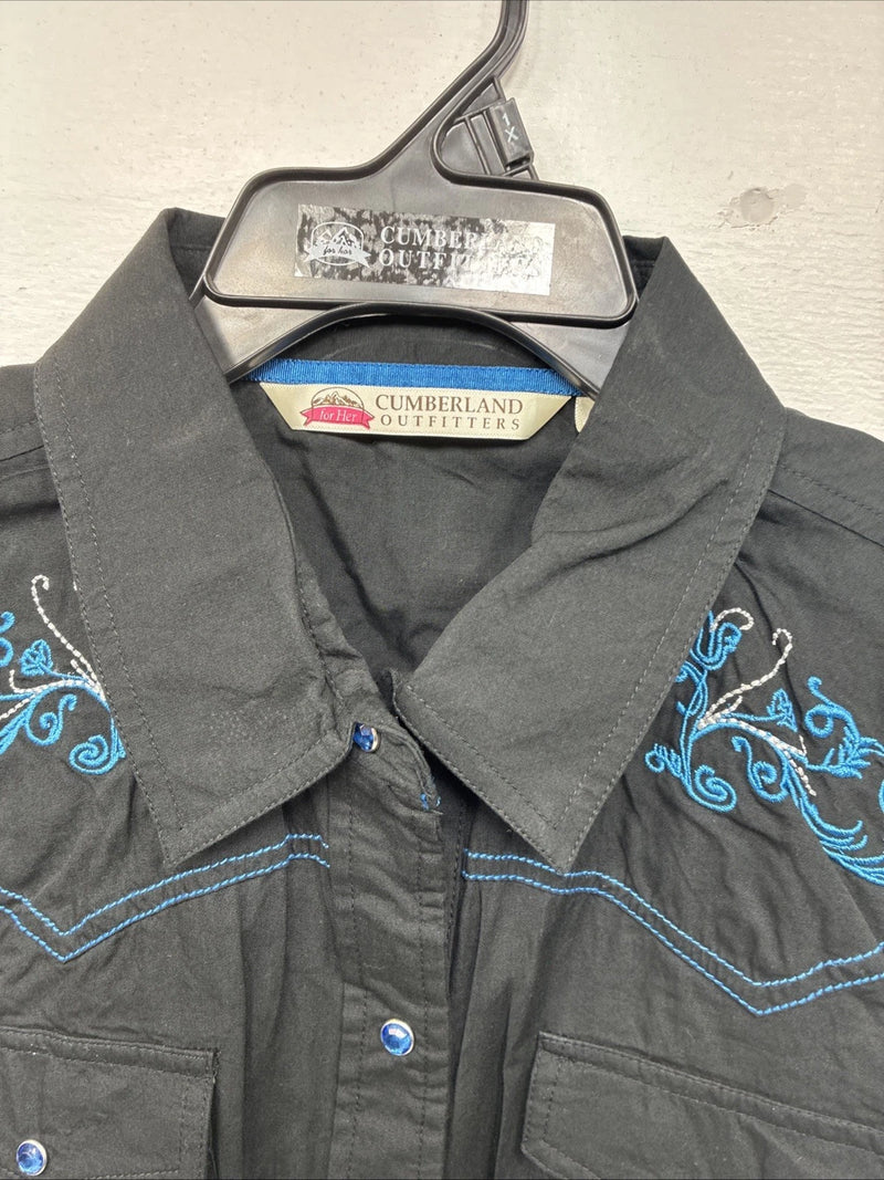 New Women’s Cumberland Black Blue Design Long Sleeve Pearl Snap 1XL LL-107
