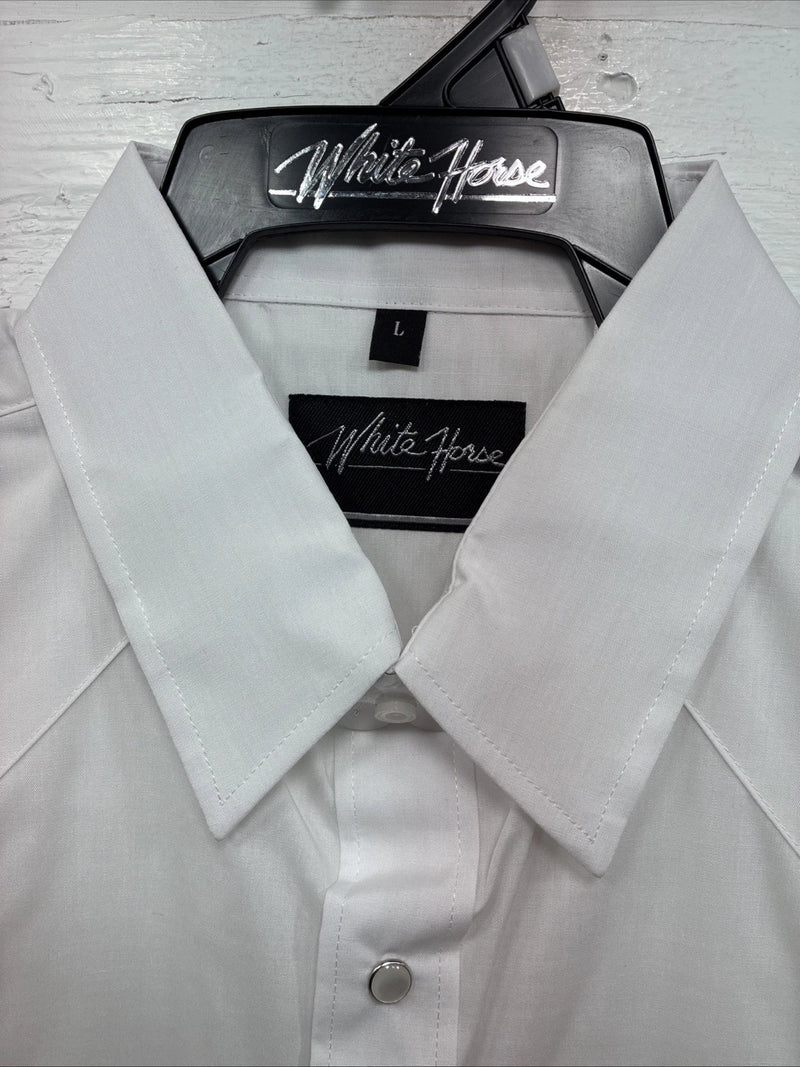 New Men’s White Horse Western White Short Sleeve Pearl Snap Large V-38