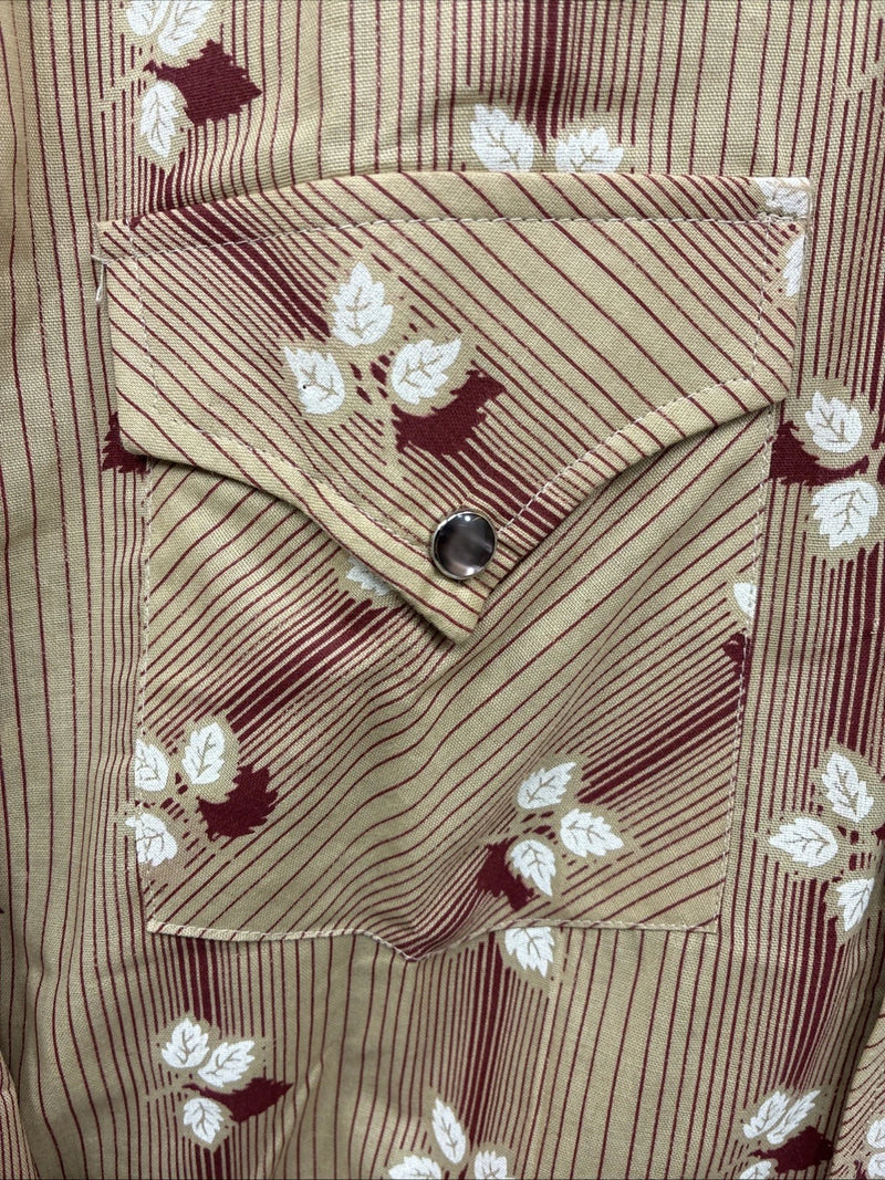 New Men’s ELY Plains Tan Red Floral Long Sleeve Pearl Snap 15.5 Medium X-109