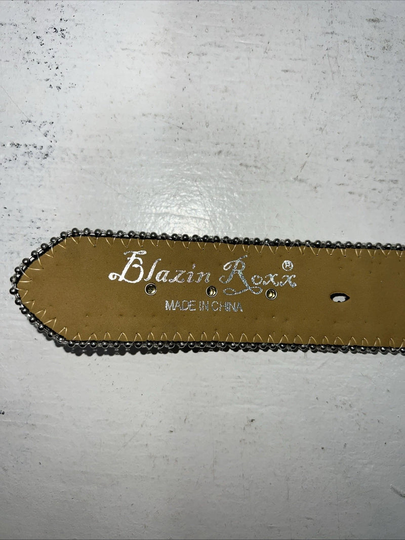 New Black Silver Blazin Roxx Genuine Leather Belt Large #N3518201 W-17