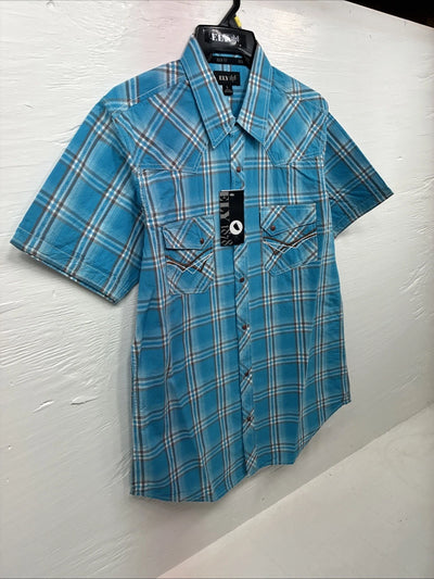 New Men’s ELY 1878 Blue Plaid Short Sleeve Pearl Snap Large X-32