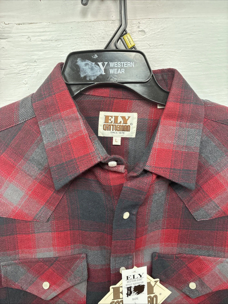 New Men’s ELY Cattleman Red Plaid Heavy Long Sleeve Pearl Snap Large CC-37