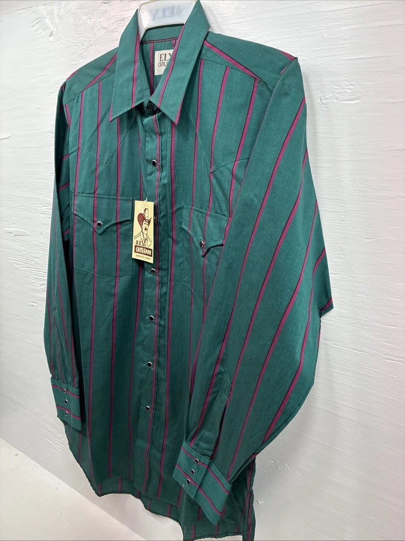 New Men’s ELY Cattleman Green Pink Stripe Long Sleeve Pearl Snap 16.5 Large Q-81
