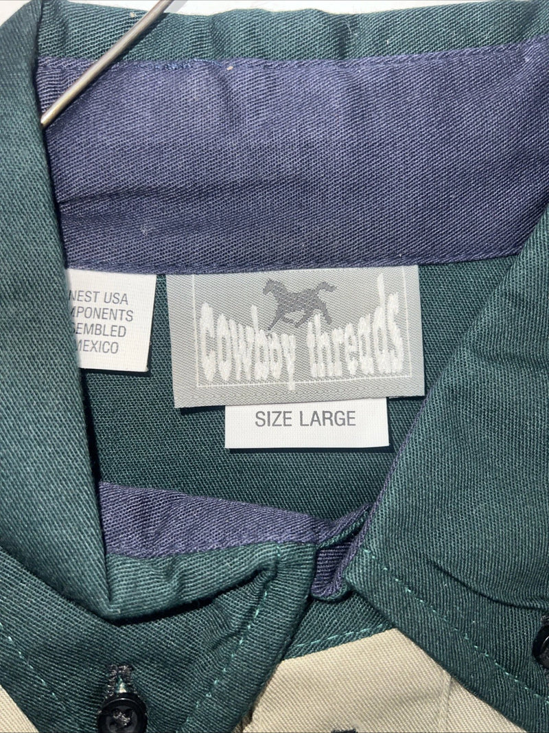 New Men’s Green Tan Blue Cowboy Threads Button Up Long Sleeve Shirt. Large P-27